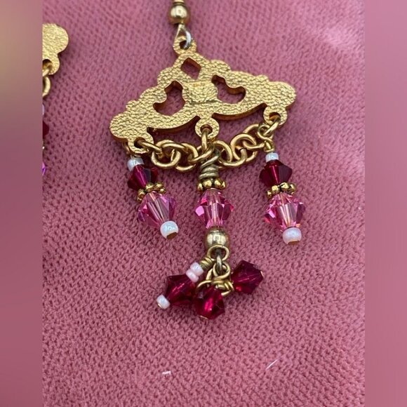 Pink Swarovski Beaded Chandelier Earrings with Gold-tone Victorian Design - Picture 10 of 11
